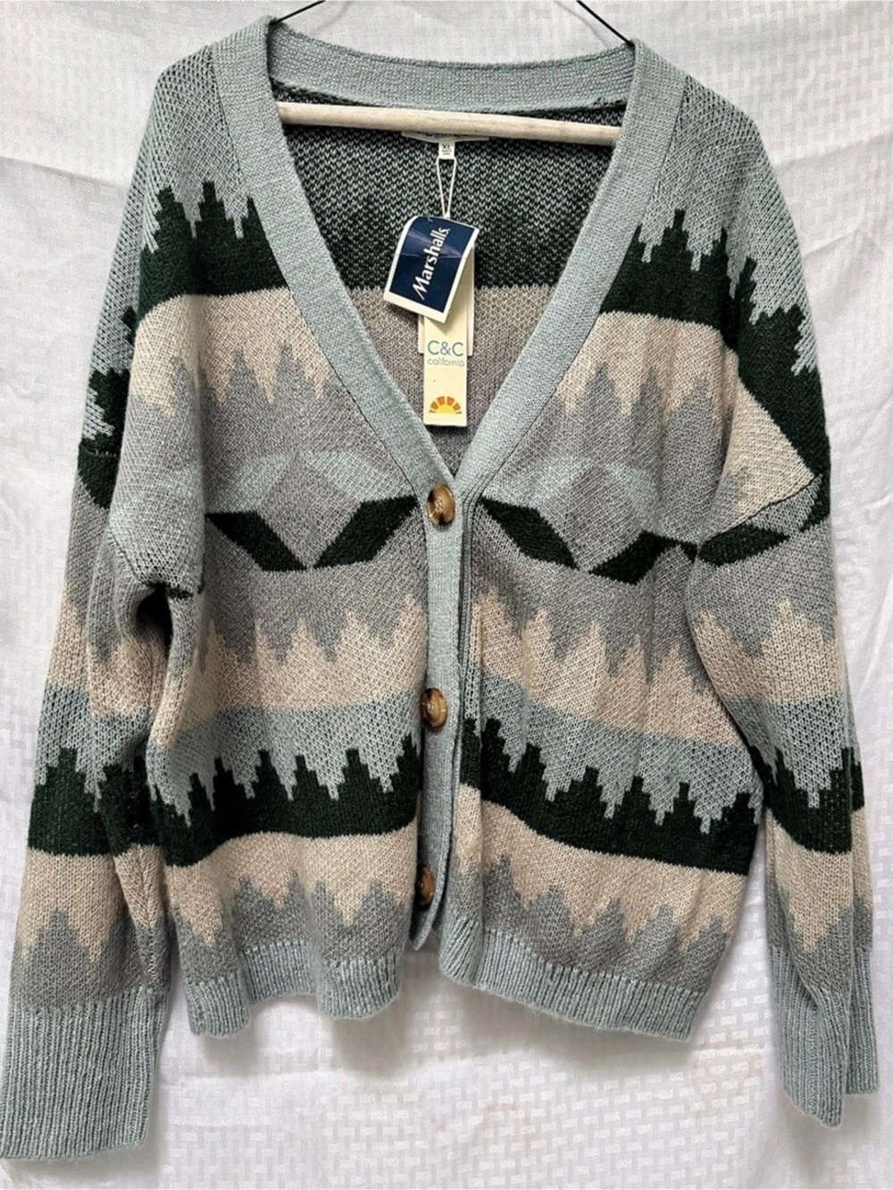 C&C California Aztec Jacquard V-Neck Cardigan Gray & Green XL